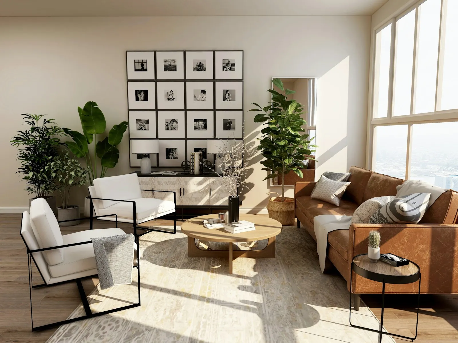 Warm living room with timber furniture, white seating, and natural light