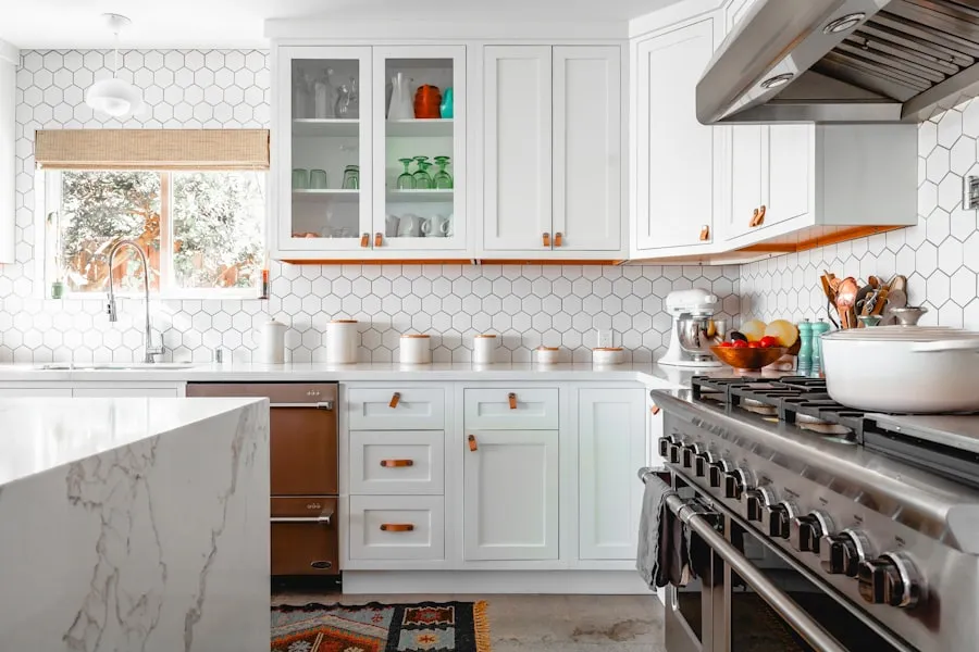Custom oak kitchen cabinet design concept with closed storage and open shelving