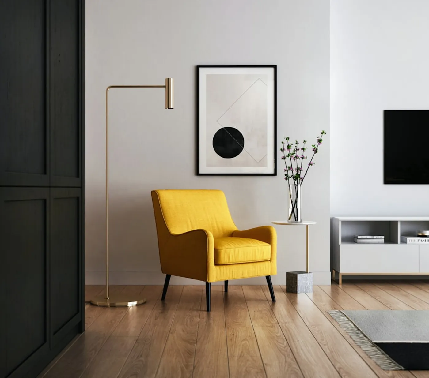 Living room design concept with custom wood seating and a sculptural coffee table